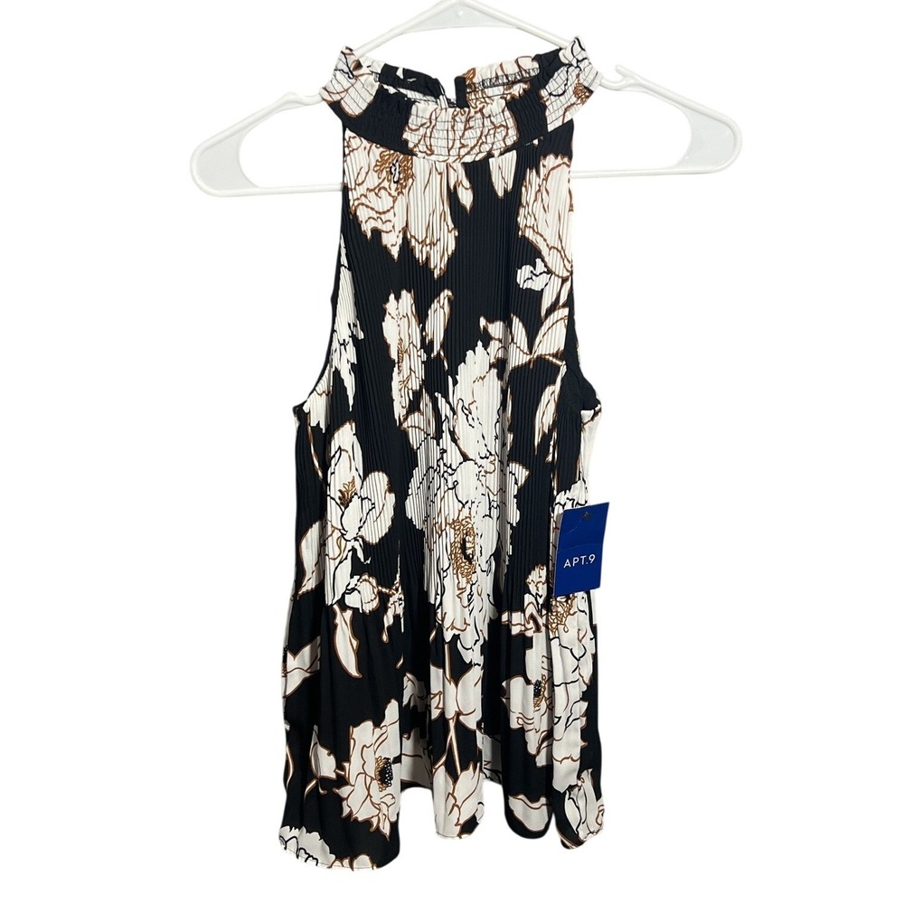 APT. 9 Women's Small Black White Floral Pleated Smocked Halter‎ Swing Tank Top